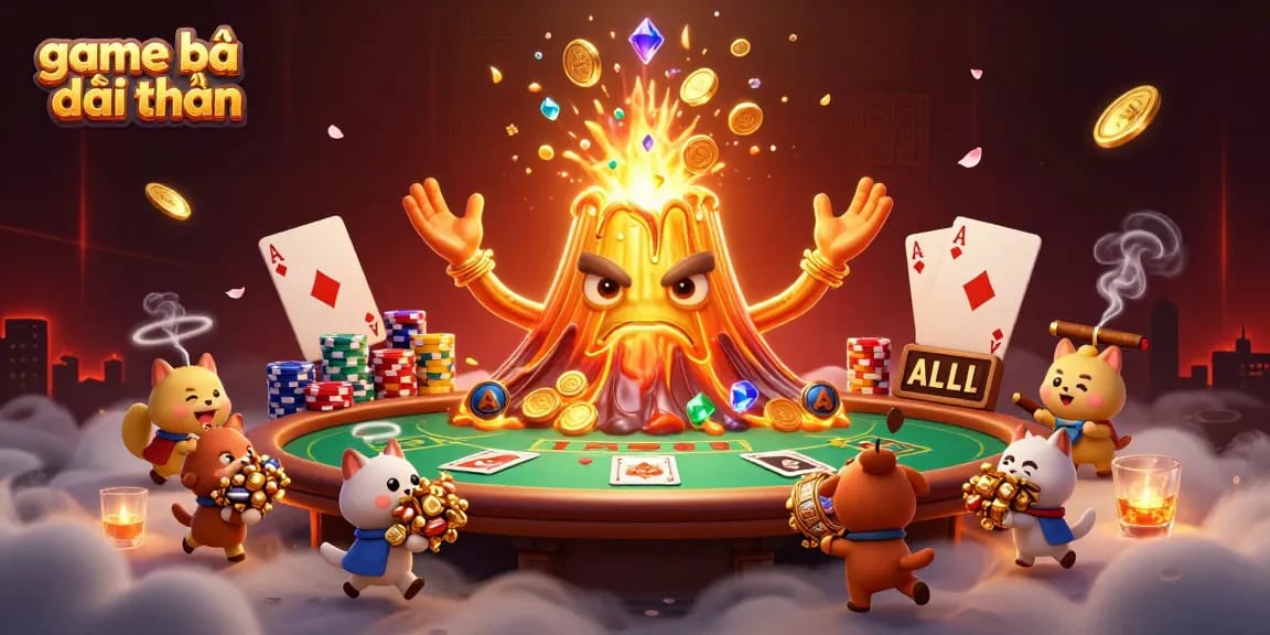 Experience the excitement of game bài đổi thưởng with a golden volcano erupting coins and treasure.