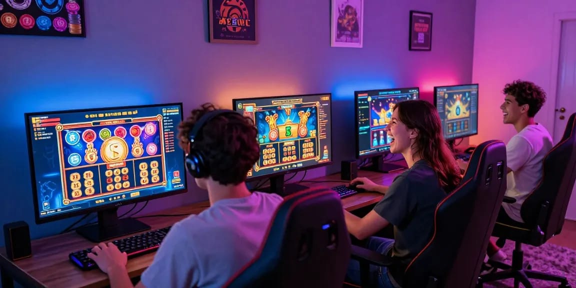 Celebrating players enjoying slot gacor games in an exciting online casino setup.