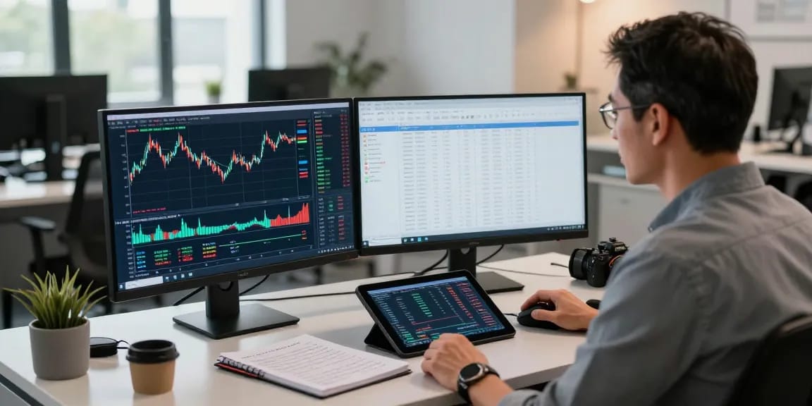 Traders using MetaTrader 4 for forex analysis and order management in a modern office.