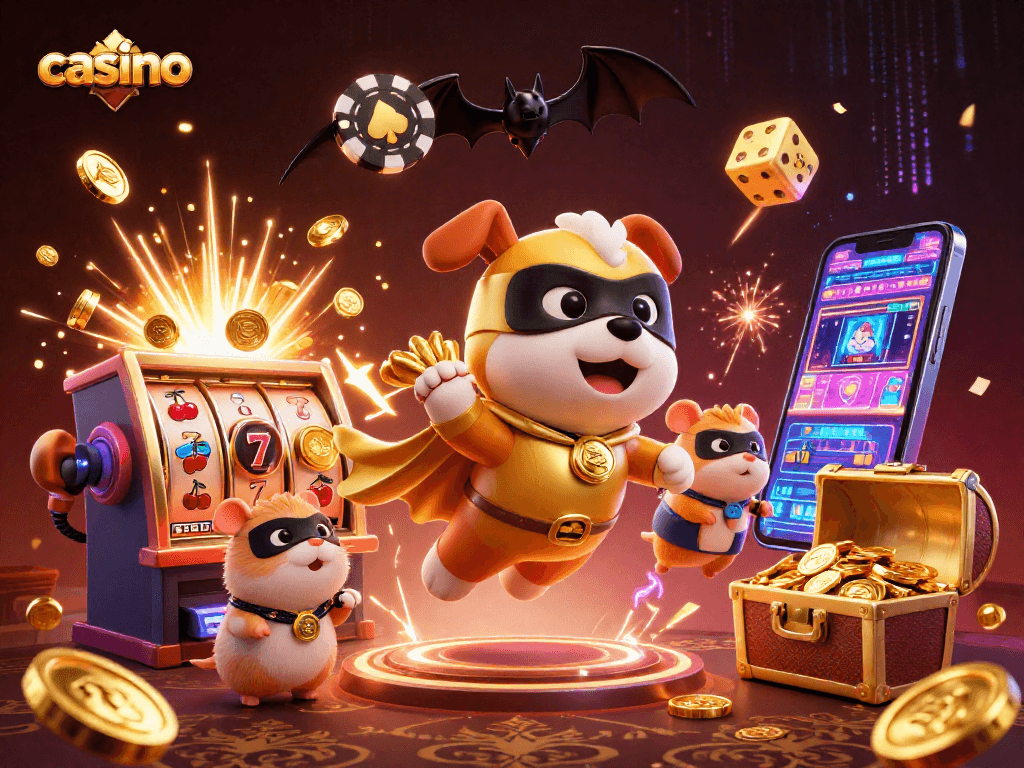 Engaging casino-themed illustration featuring a superhero dog and sidekick amidst slot machines and gold coins.