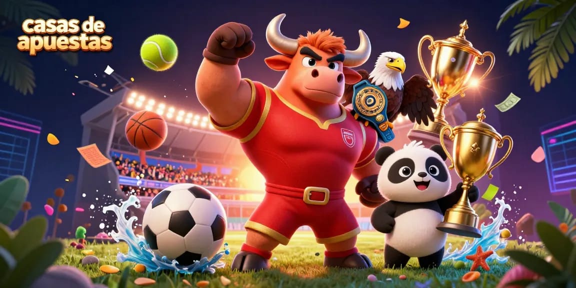 Disfruta de las casas de apuestas con un toro, un águila y un panda celebrando entre deportes y premios.