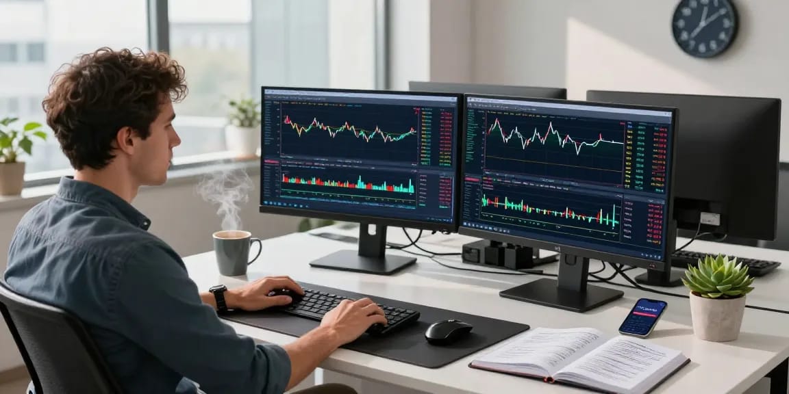 Trader working on MetaTrader 5 platform in a bright office with multiple monitors and charts.
