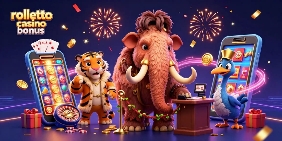 Profitez de l'offre de bienvenue du rolletto casino bonus avec un mammouth de casino et d'autres personnages en scène.
