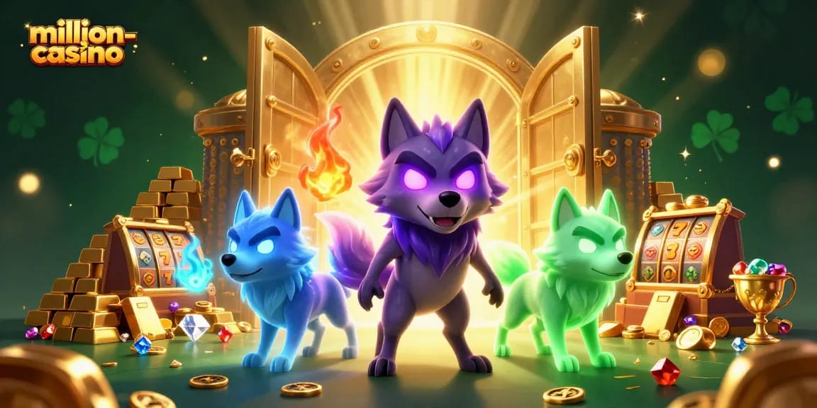 Experience thrilling slots at million-casino with vibrant 3D wolves and explosive treasure elements.