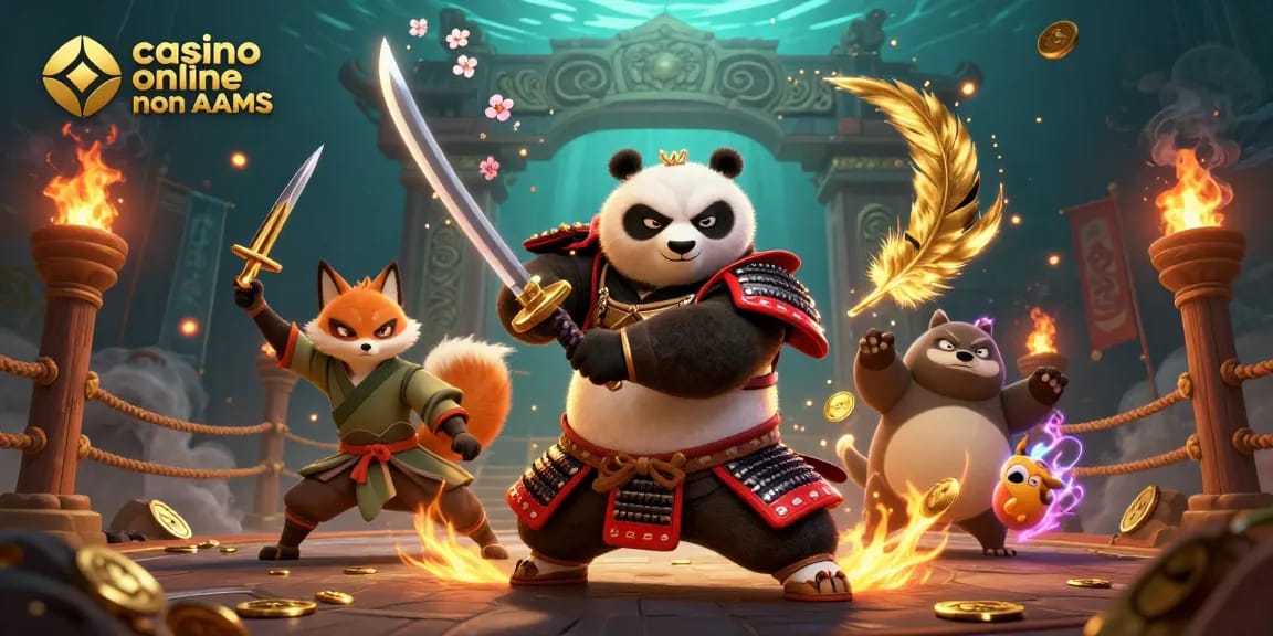Gioca nei migliori casino online non AAMS con un panda samurai e un ninja volpe in un'illustrazione 3D piena di azione.