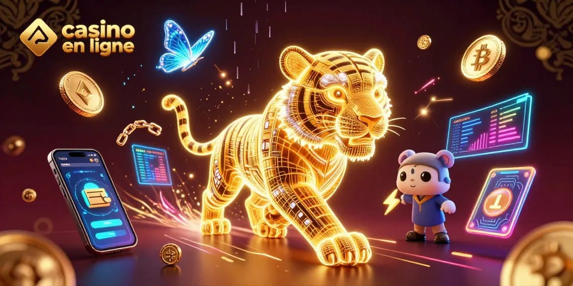 Jouer dans un casino en ligne immersif avec un tigre d'énergie digitale et des éléments de cryptomonnaie.