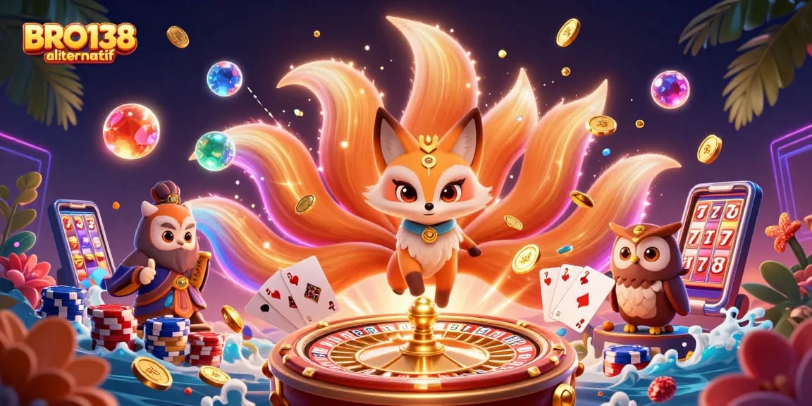 Engage in thrilling gameplay with BRO138 alternatif, exploring vibrant casino elements amid animated characters.