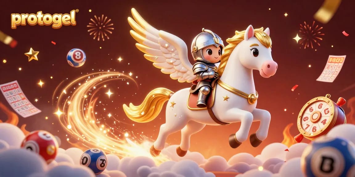Experience the excitement of protogel with a dynamic lottery scene featuring a celestial horse and vibrant game elements.