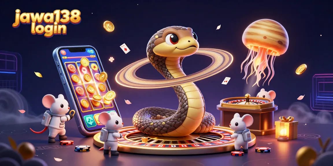 Jawa138 login dengan ilustrasi kasino 3D berwarna terang, pemain memutar roda roulette dalam suasana meriah.