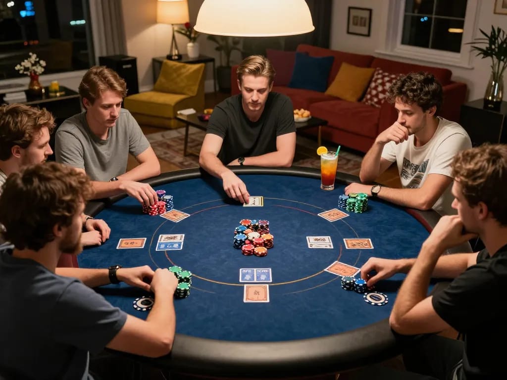 Players enjoy a competitive poker night, showcasing the strategic play at nhà cái 388bet home games.