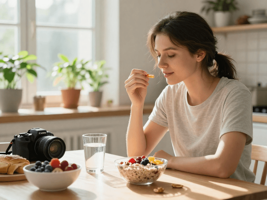 Healthy individual using astaxanthin supplement Canada amidst a vibrant morning routine.