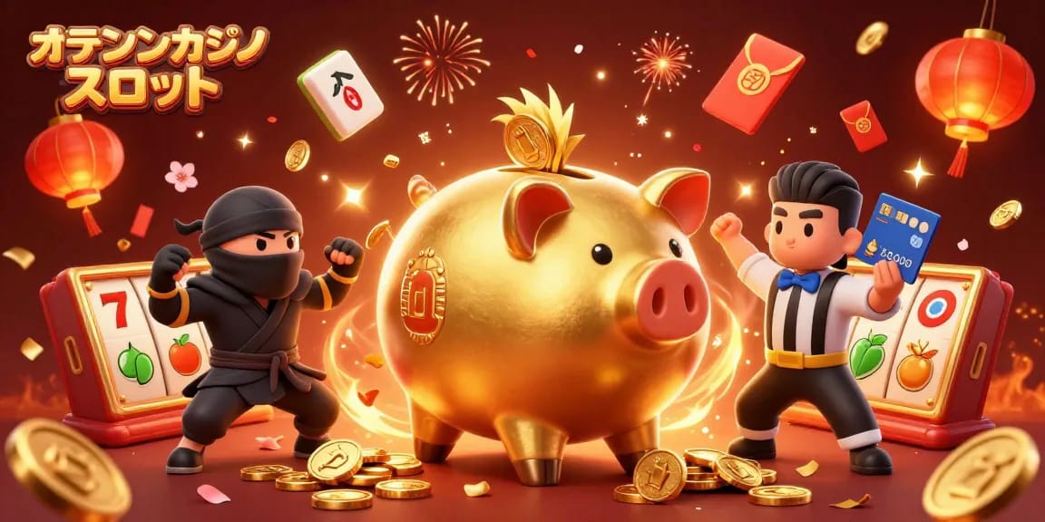 オンラインカジノ スロットのスロットリールとキャラクターが金貨を散らす魅力的なシーン。