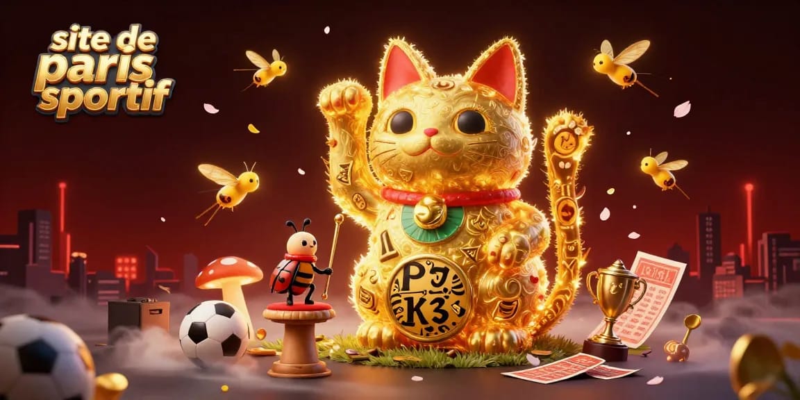 Découvrez le site de paris sportif avec un chat porte-bonheur entouré de ballons de sport et de tickets de paris.