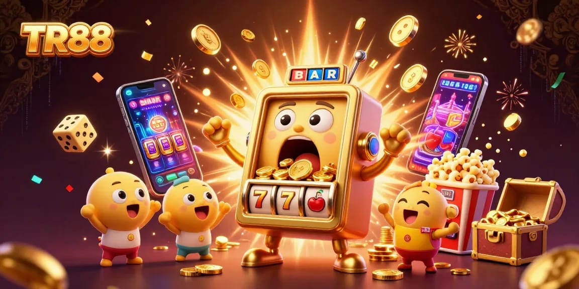 Experience the excitement of TR88 as the golden slot machine hits the jackpot and coins overflow.