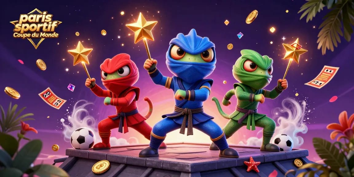 Pariez sur le vainqueur avec des chameleons ninjas colorés dans l'illustration de paris sportifs Coupe du Monde.