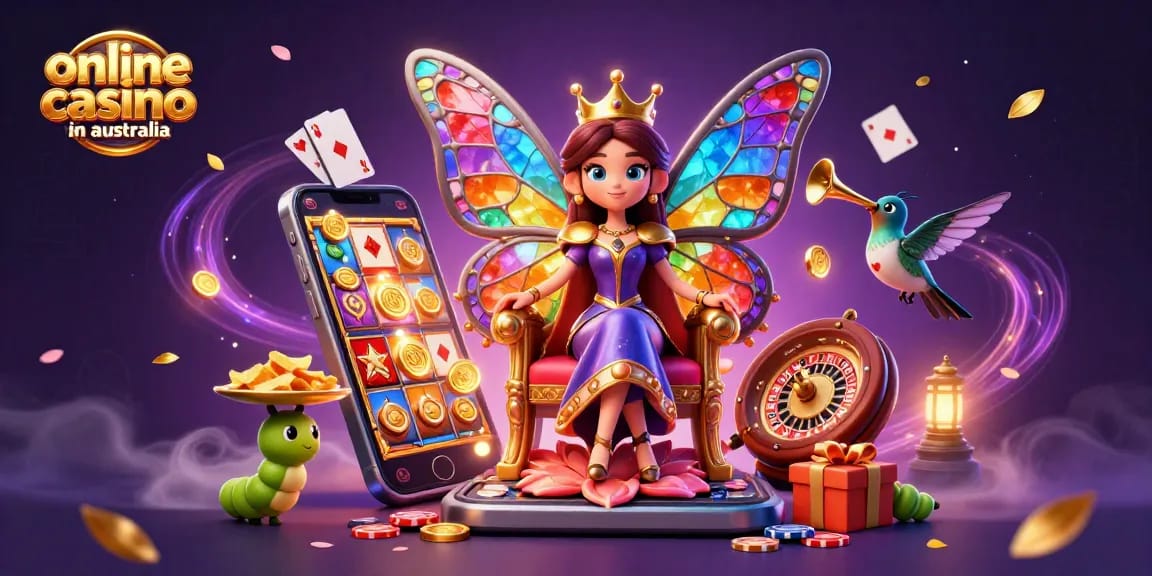 Experience the excitement of online casinos in Australia with a vibrant 3D illustration of gaming elements.