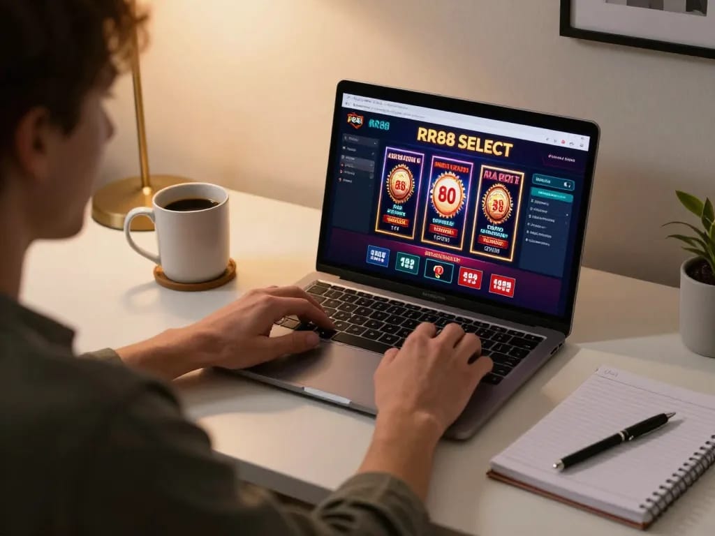 Engaging online casino gameplay on RR88 SELECT featuring a laptop and cozy home setting
