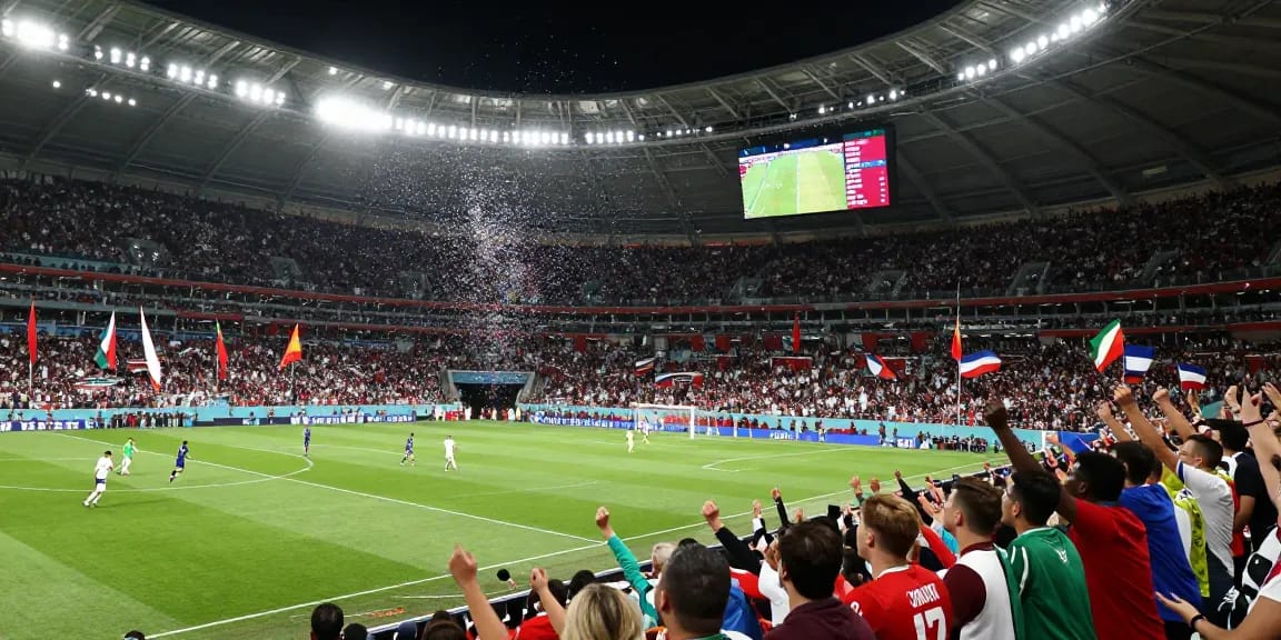 Prediksi piala dunia 2026 di stadion sepak bola yang penuh semangat dengan penonton bersorak dan pemain bertanding.