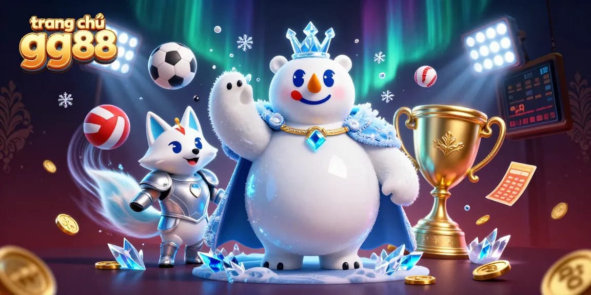 Experience the emoções at trang chủ gg88 with dynamic sports betting elements and cartoon characters in a vibrant 3D scene.