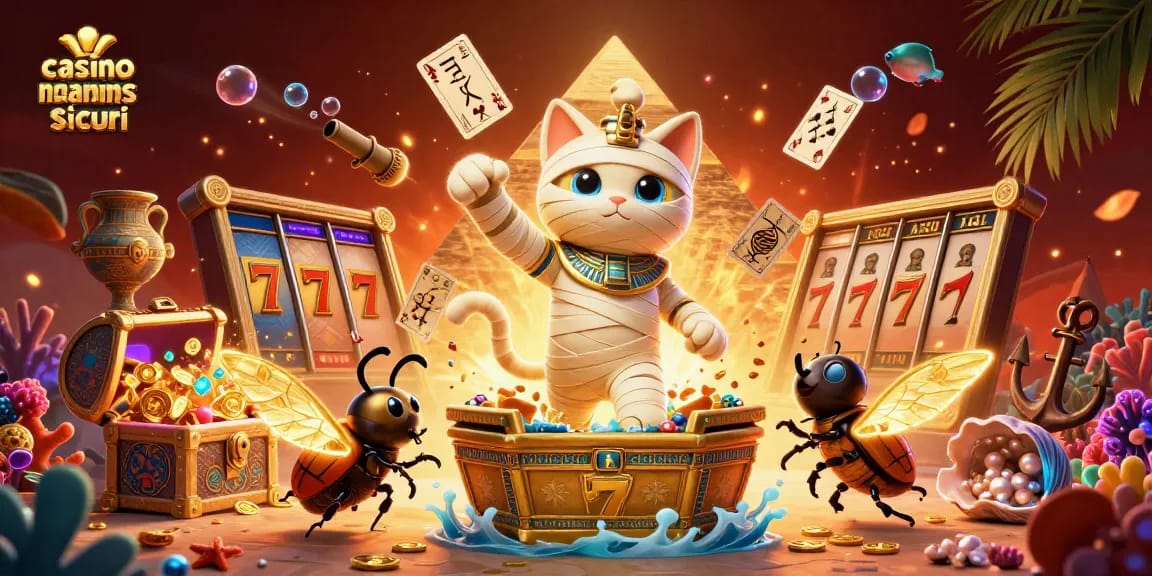 Gioca nei migliori casino non AAMS sicuri con il gatto mummificato e carte di gioco che fluttuano.