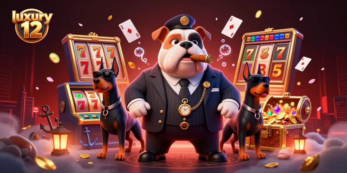Experience luxury 12 in an energetic casino scene filled with slot reels and treasures.