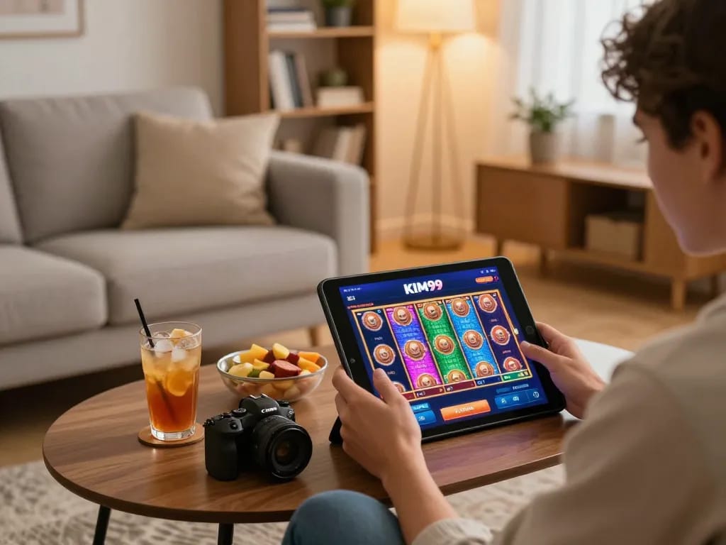 KIM99 player enjoying online slots on tablet in cozy home setting.