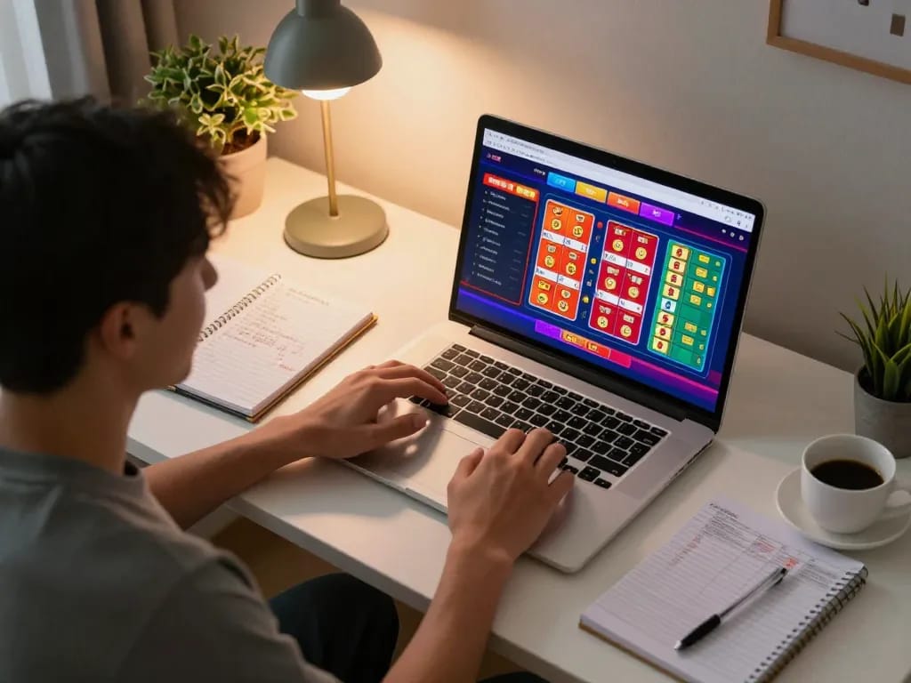 Engaging player participating in a dynamic toto togel game online, displaying strategy notes for improved gameplay.