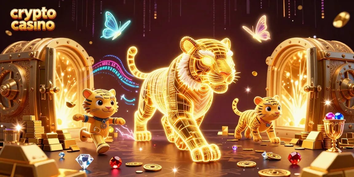 Explorez le monde du crypto casino avec un tigre doré numérique entouré de richesses étincelantes.