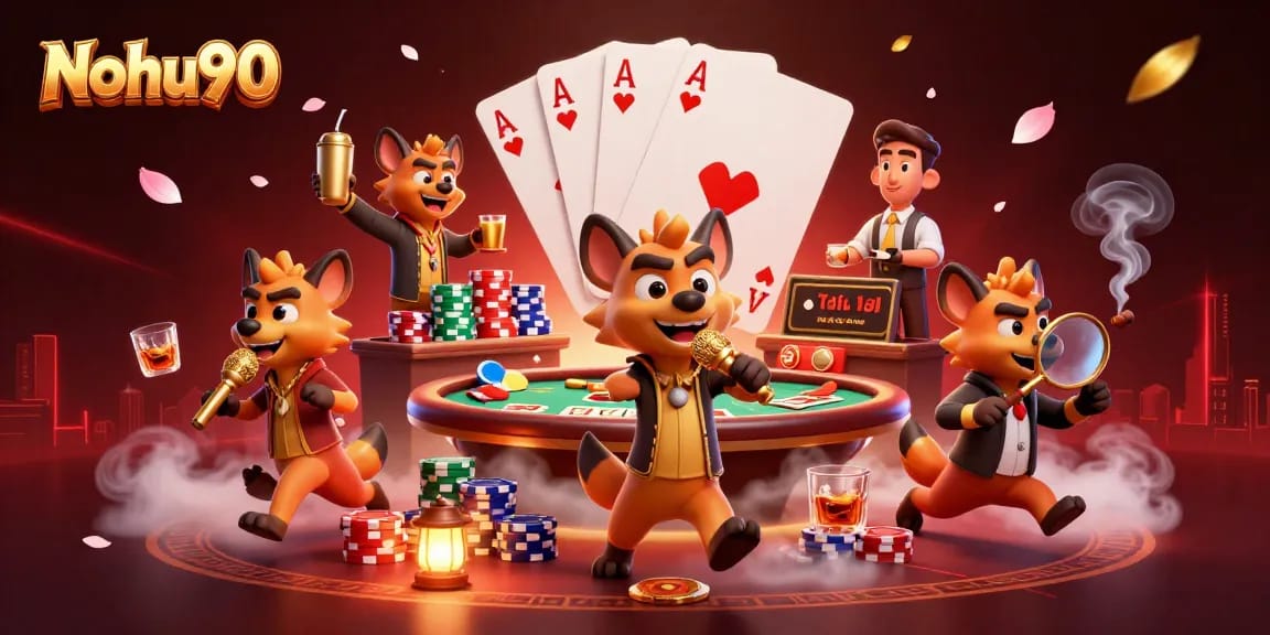 Nohu90 ignites excitement in a bustling casino scene with lively hyenas at a poker table.