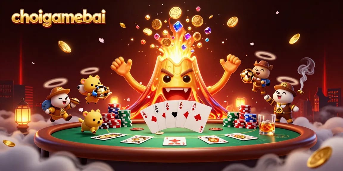 Engage with choigamebai as a golden volcano erupts coins and treasures in a vibrant poker scene.