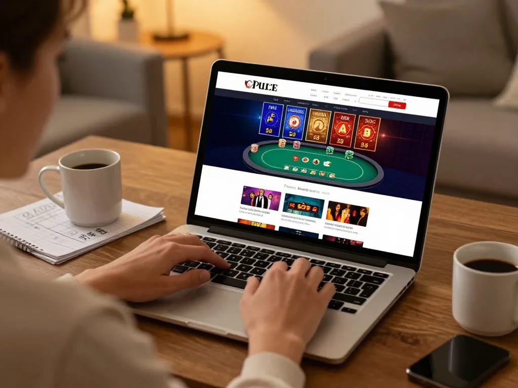 Engaged player exploring llwin online casino games on laptop in cozy home setting.