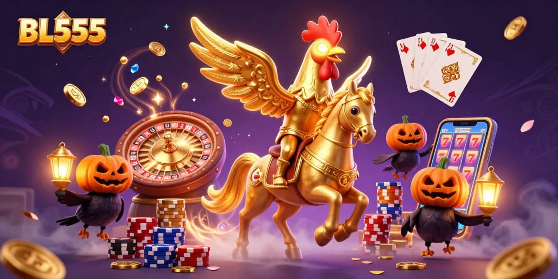 Experience the excitement of BL555 with a vibrant casino scene featuring unique characters and colorful game elements.