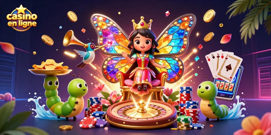 Jouez dans un casino en ligne rempli de gains avec une reine papillon et des éléments vibrants.
