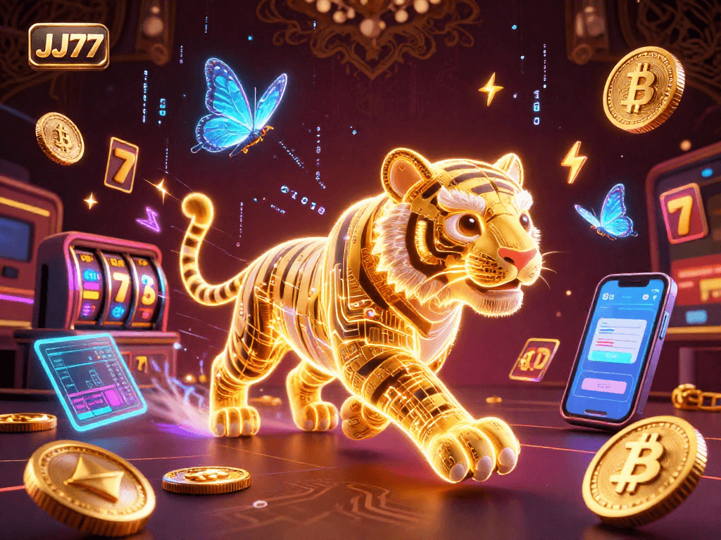 Engage with the vibrant JJ77 casino experience through a captivating illustration featuring neon energies and digital elements.