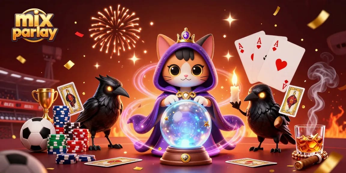 Taruhan mix parlay dengan kucing mistik, burung gagak, dan elemen keberuntungan.