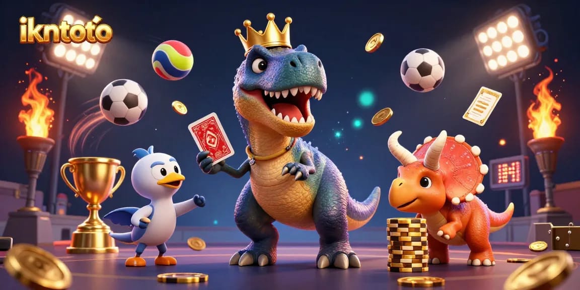 Engage with ikntoto's vibrant and rich casino imagery showcasing a T-Rex and friends in action.