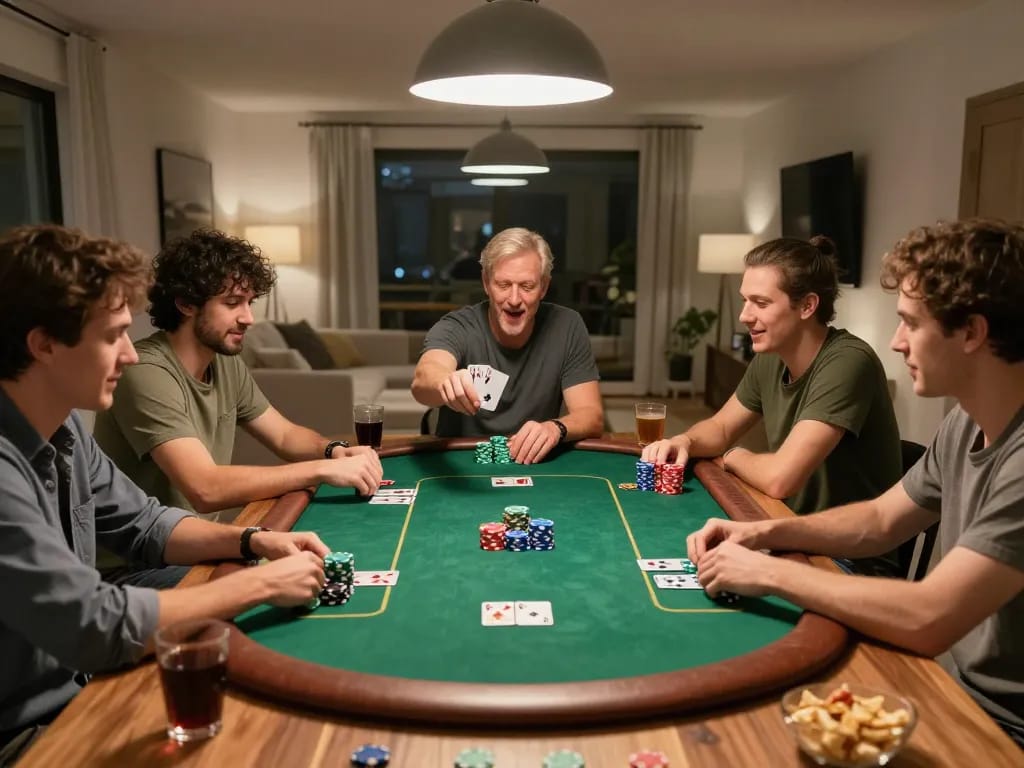 Friends enjoying a poker night with vipwin, engaging in strategic gameplay and friendly competition at home.