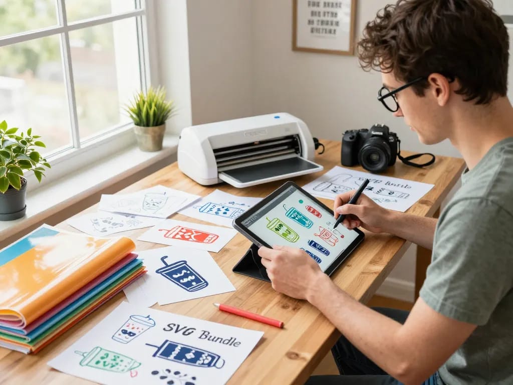 Vibrant cricut svg bundle designs being crafted in a creative workspace.