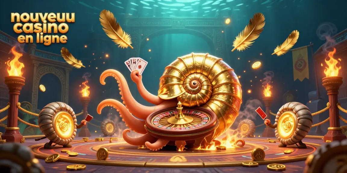 Illustration captivante sur un nouveau casino en ligne avec un nautile doré et des éléments de jeu.