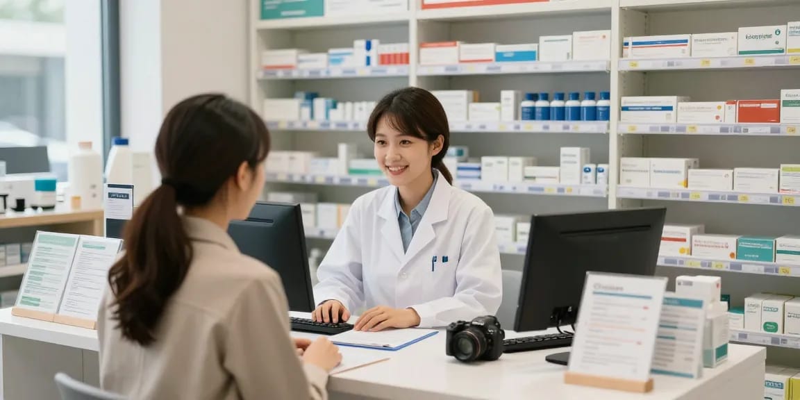 Friendly pharmacist assisting customer with health supplies in a well-lit pharmacy.
