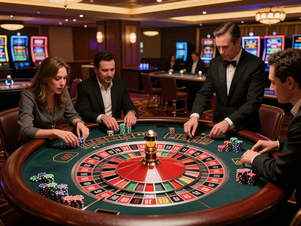 XX88 roulette action with players engaged, vibrant chips, and spinning wheel in lively casino.