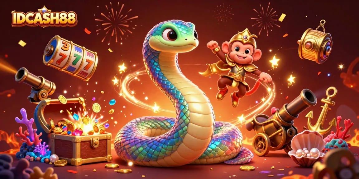 Engage with IDCASH88 by spinning slots amidst a vibrant, magical 3D scene filled with treasures.