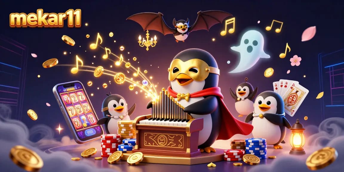 Mekar11 brings thrilling slot entertainment with golden coins and exciting game elements in a vibrant casino scene.