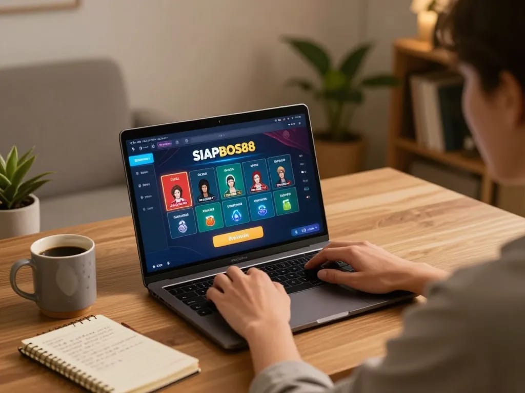 Person enjoying online gaming at SIAPBOS88 on a laptop, showcasing a strategic environment.