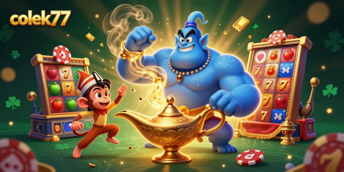Engage with catchy colek77 slots featuring a powerful genie, playful monkey, and dynamic casino elements.