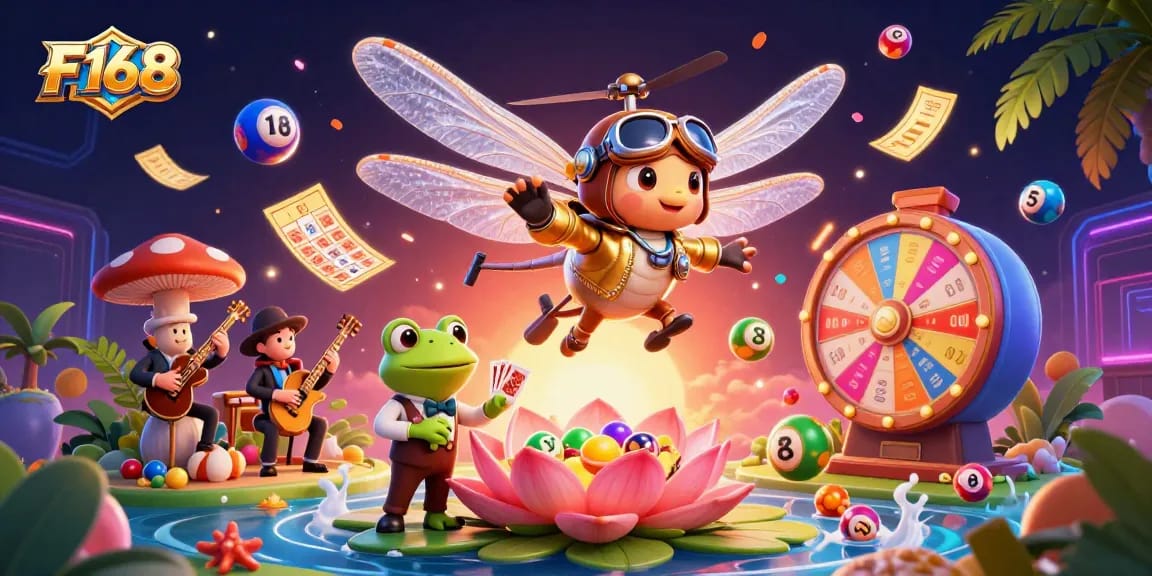 Experience thrilling adventures at F168 with lively poker and casino games amidst colorful decorations.