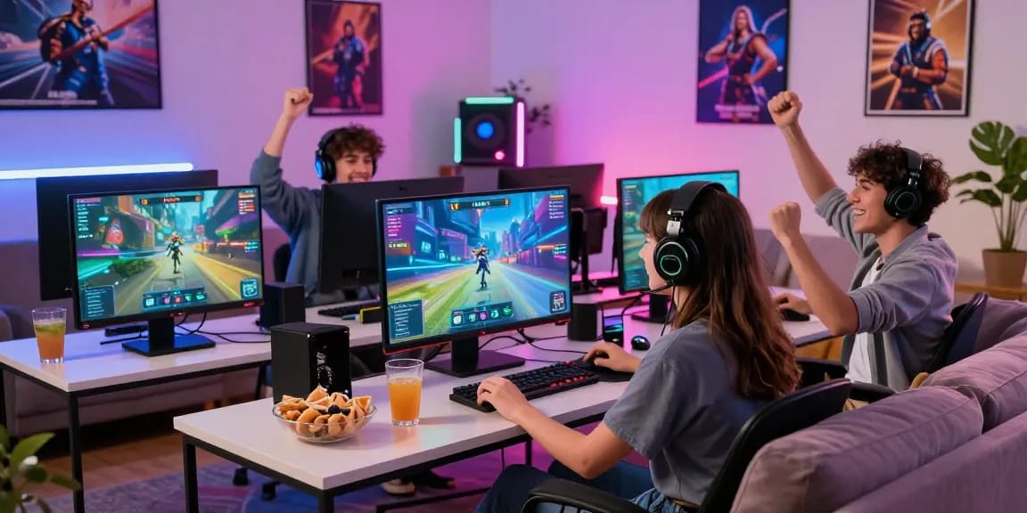 Exciting gaming scene showcasing friends enjoying CIKA4D; vibrant screens, dynamic atmosphere.