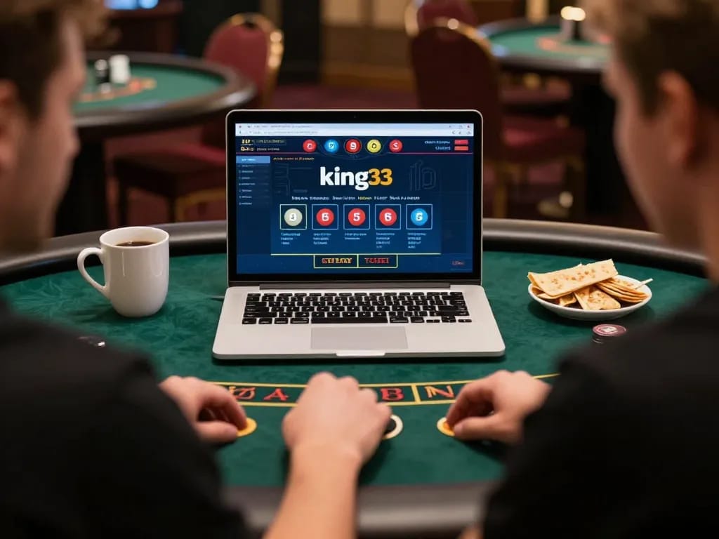 Engaged player strategizing on king33 online casino platform with laptop at home