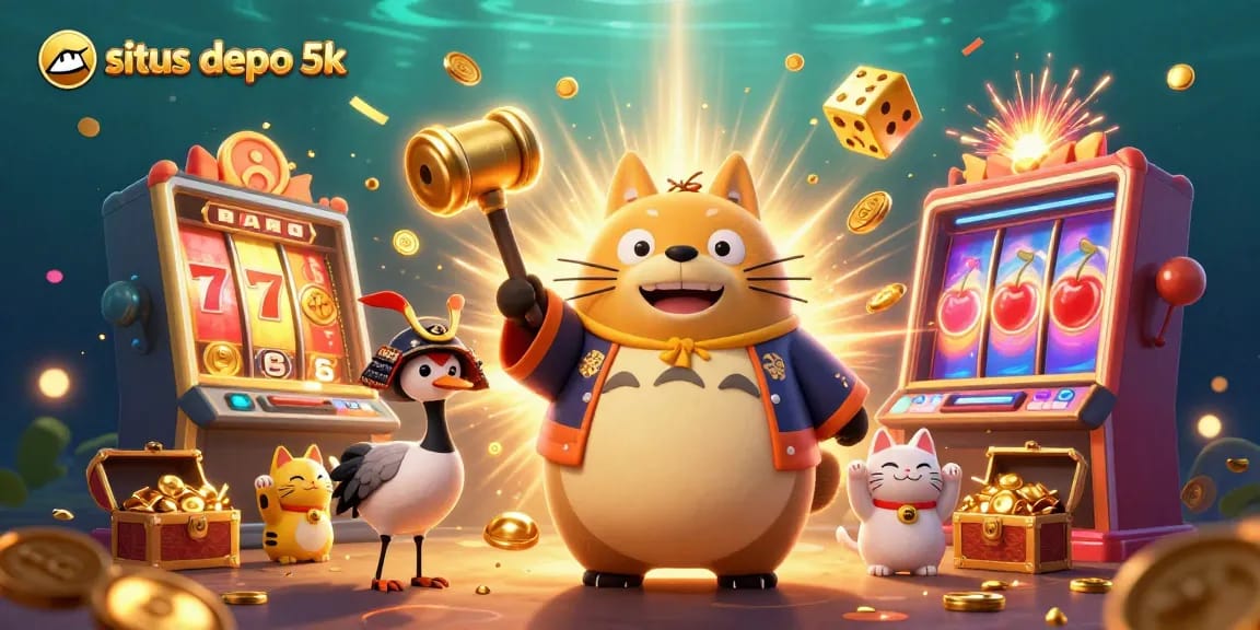 Permainan slot gacor situs depo 5k dengan karakter ceria dan simbol beruntun peruntungan.