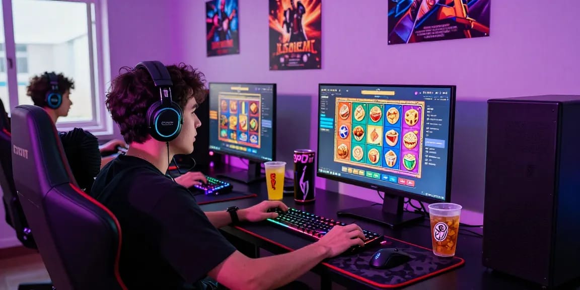 Exciting gaming atmosphere showcasing a gamer enjoying slot deposit pulsa tanpa potongan on a vibrant digital platform with ambient RGB lighting.